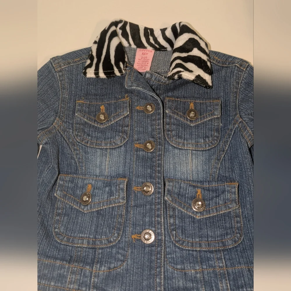 Copper Key Denim Jacket Rhinestone Button‎ & Zebra Collar NEW Girls Size 2T
